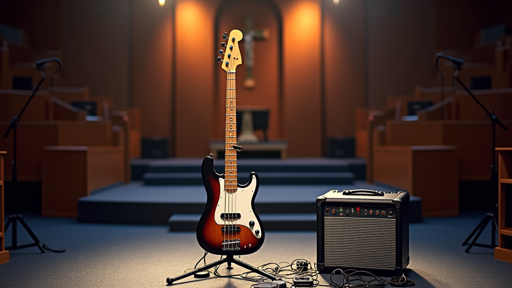 A clean and inviting worship center stage setup, featuring a bass guitar on a stand next to a small practice amp and simple cable and pedal accessories.